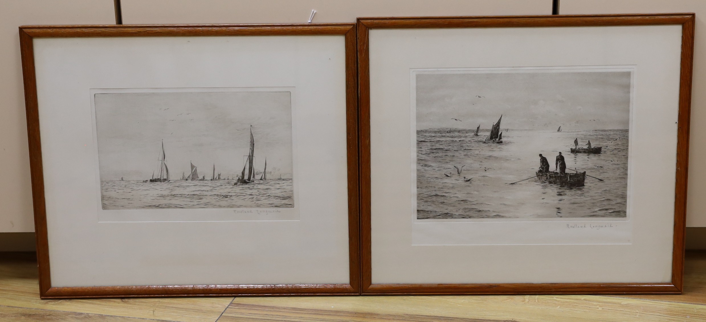 Rowland Langmaid (1897-1956), two etchings, Fishing boats at sea, signed in pencil, 14 x 22cm and 18 x 24cm